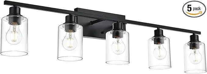 VINLUZ Bathroom Lighting Fixtures Over Mirror Matte Black,5-Lights Farmhouse Vanity Lights Wall Mount Light Fixture for Porch Workshop - ModernBath