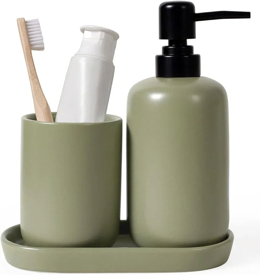 INGOFIN 3 Pcs Ceramic Bathroom Accessory Set - Liquid Soap Dispenser, Toothbrush Holder & Tray, Bathroom Counter Set, Countertop Essentials for Home, Guest Bathroom, or Office Use, Dark Green - ModernBath