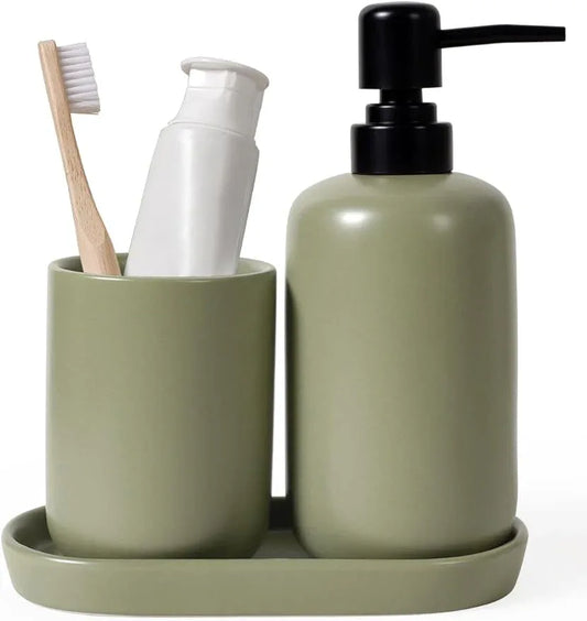 INGOFIN 3 Pcs Ceramic Bathroom Accessory Set - Liquid Soap Dispenser, Toothbrush Holder & Tray, Bathroom Counter Set, Countertop Essentials for Home, Guest Bathroom, or Office Use, Dark Green - ModernBath
