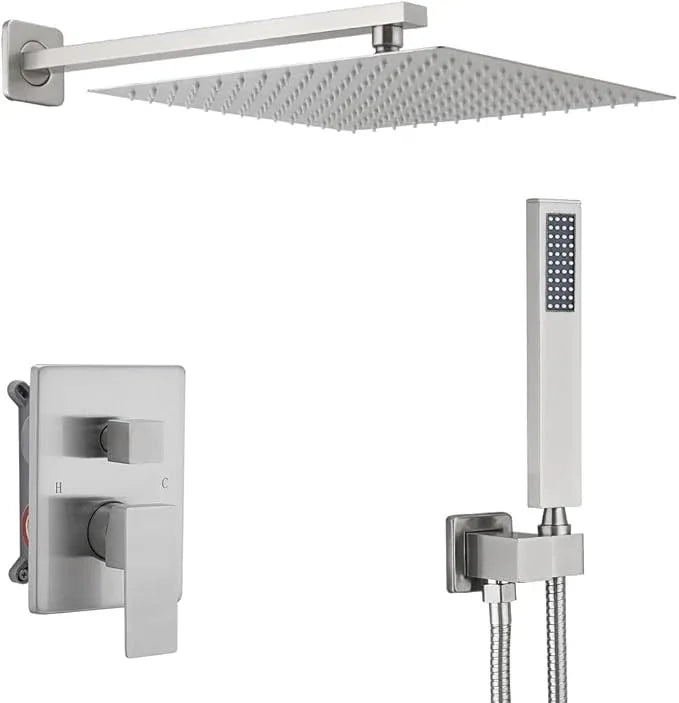 Heable Brushed Nickel Shower System 12 Inches Bathroom Luxury Rain Shower Head with Handheld Combo Set Wall Mounted High Pressure Rainfall Shower Head System Shower Faucet with Valve and Trim Kit - ModernBath