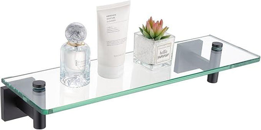 KOKOSIRI Bathroom Shelves Glass Floating Shelf 12-Inch for Bedroom, Living Room, Kitchen, Small Hanging Rack Rustproof Wall Mounted Black B1105BK-L12 - ModernBath