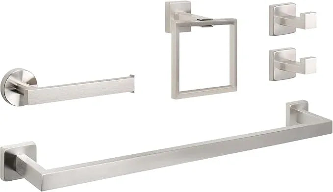 NearMoon 5 Pieces Bathroom Hardware Set 304 Stainless Steel, Square Towel Rack Kit - 24" Towel Rod + Towel Ring + Toilet Paper Holder + 2 Robe Hooks, Wall Mounted Bath Accessories (Brushed Nickel) - ModernBath