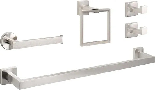 NearMoon 5 Pieces Bathroom Hardware Set 304 Stainless Steel, Square Towel Rack Kit - 24" Towel Rod + Towel Ring + Toilet Paper Holder + 2 Robe Hooks, Wall Mounted Bath Accessories (Brushed Nickel) - ModernBath