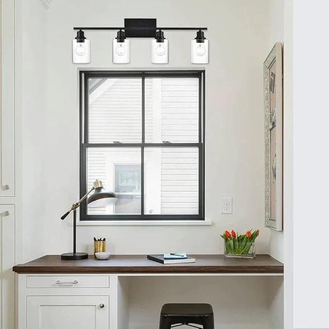 VINLUZ 4-Lights Black Bathroom Vanity Light Fixtures with Clear Cylinder Glass Shade,Industrial Metal Wall Mounted Lighting Over Mirror - ModernBath