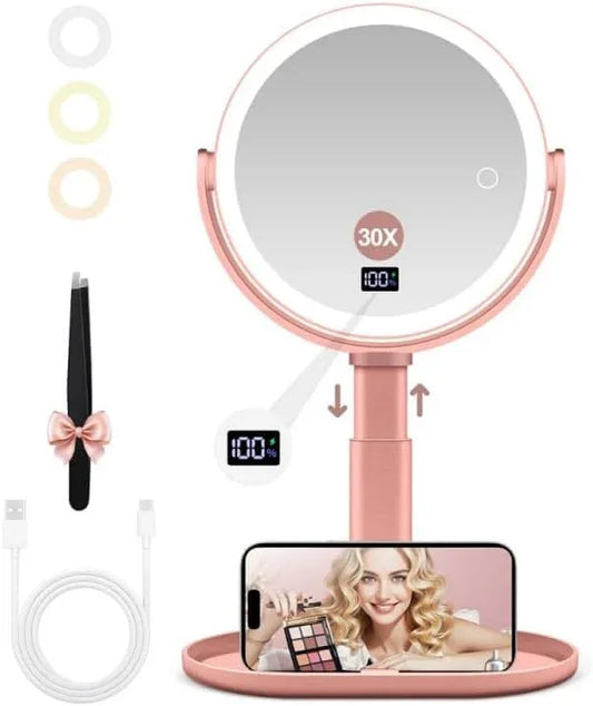 GOMIPURU Makeup Magnifying Mirror with Light 30X/1X, Digital Display, 2-Sided Touch Control, Makeup Mirror with 3 Color Lights,360° Rotate, Height Adjustable Lighted Magnifying Mirrors for Desk Travel - ModernBath
