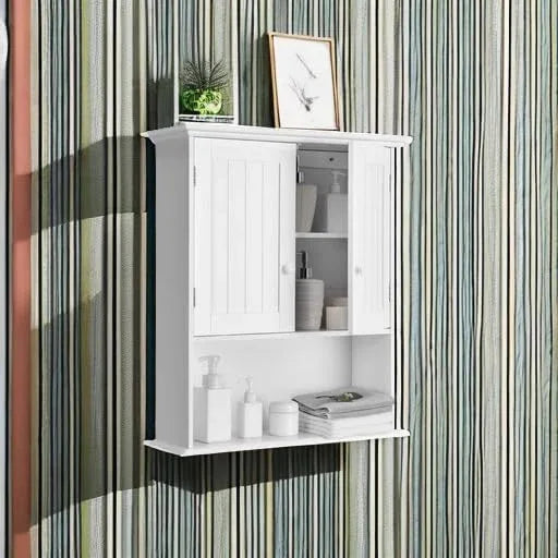 Tangkula Wall Mount Bathroom Cabinet Wooden Medicine Cabinet Storage Organizer with 2-Doors and 1-Shelf Cottage Collection Wall Cabinet (White) - ModernBath