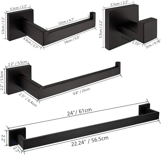 VELIMAX Premium Stainless Steel 4 Pieces Bathroom Hardware Accessories Set Wall Mounted Towel Bar Set, Matte Black, 24-Inch - ModernBath