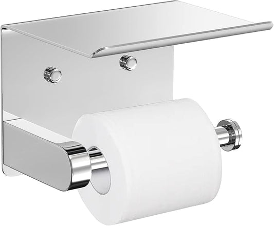 VAEHOLD Self Adhesive Toilet Paper Holder with Phone Shelf Stainless Steel Wall Mounted Toilet Paper Roll Holder - Bathroom Washroom Tissue Roll Holder with Storage Shelf - Bright Surface