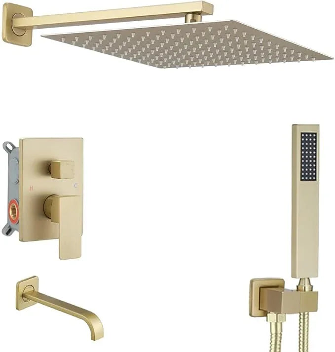 JingGang Brushed Gold Rain Shower System Tub Shower Faucet Set 12 Inch Square Rainfall Shower Head with Handheld Sprayer and Tub Spout Rough-in Valve Shower Mixer Combo Kit - ModernBath