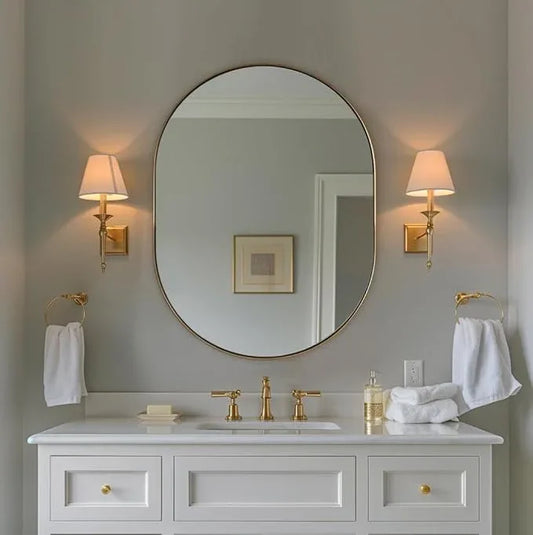 ANDY STAR Oval Bathroom Mirror, 24x32’’ Gold Oval Mirror Pill-Shaped Design in Stainless Steel Metal Frame for Bathroom, Entryway, Living Room, Contemporary 1" Deep Wall Mount Vertical or Horizontal - ModernBath