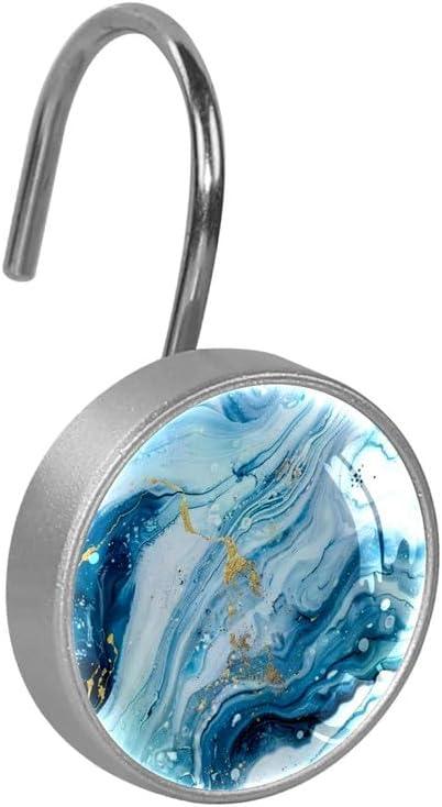 12 Pcs Decorative Shower Curtain Hooks, Rust Proof Glass Surface Stainless Steel Rings for Bathroom Bedroom Kitchen Home Bath Room Rods Decor (Blue White Gold Liquid) - ModernBath
