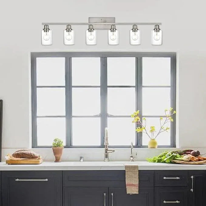 VINLUZ 6 Light Bathroom Lighting Fixture in Brushed Nickel Finish,Classic Metal Wall Mounted Lamp Over Mirror with Clear Glass Shade Industrial Vanity Light - ModernBath
