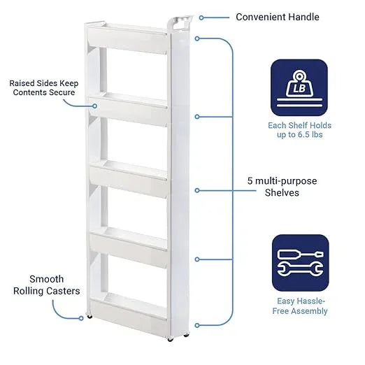 Miles Kimball 5 Tier Slim Cart, White, Durable Plastic, Easy Assembly, Holds Up to 6.5 lbs - ModernBath
