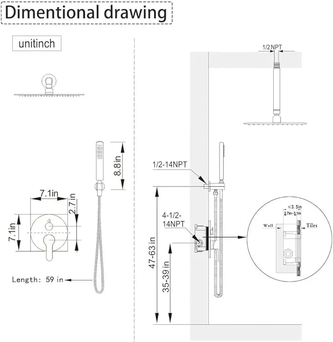 JingGang Brushed Nickel Ceiling Mount Round Rain Shower System with 12 Inch Shower Head and Handheld Bathroom Shower Set Contain Shower Faucet Trim Kit (Mixer Valve Included) - ModernBath