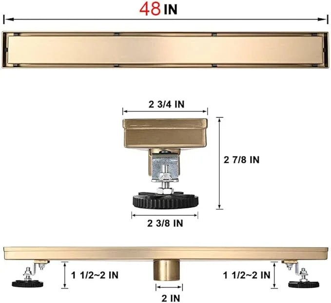 Linear Shower Floor Drain, Brushed Gold 48 Inch 304 Stainless Steel Bathroom Drains Kit, Rectangular Shower Trench Drain with Reversable Tile-in Pattern Drain Cover & Hair Catcher - ModernBath