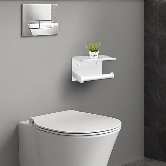 Adhesive Toilet Paper Holder with Phone Shelf Paper Tissue Holder Storage 304 Stainless Steel Wall Mounted Toilet Roll Holder Dispenser,Paper Holder with Shelf Bathroom Organizer White