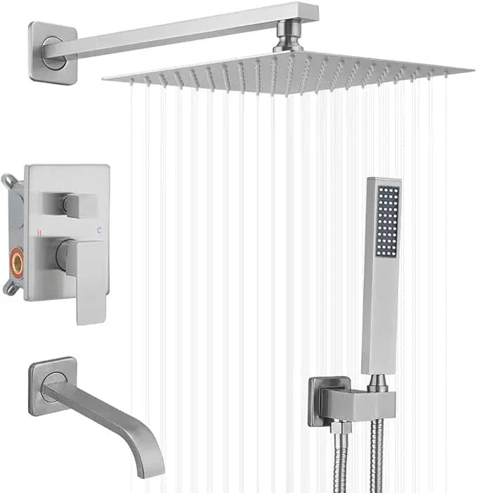 Heable Brushed Nickel Shower System Bathroom Shower Faucet Set with Tub Spout Wall Mounted 10 Inch Shower Head and Handle Set with Handheld 3 Function Tub and Shower Trim Kit with Valve - ModernBath