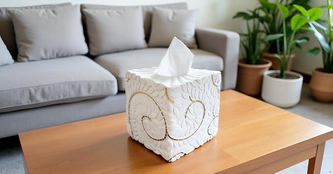 Huitony Square Tissue Box Cover Decorative Klenex Box Holder for Bathroom & Living Room with Handcrafted Texture (White&Gold) - ModernBath