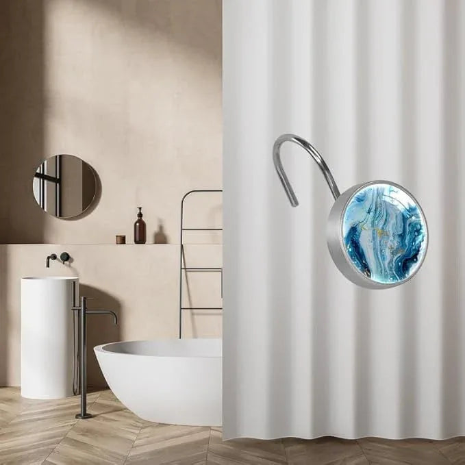 12 Pcs Decorative Shower Curtain Hooks, Rust Proof Glass Surface Stainless Steel Rings for Bathroom Bedroom Kitchen Home Bath Room Rods Decor (Blue White Gold Liquid) - ModernBath