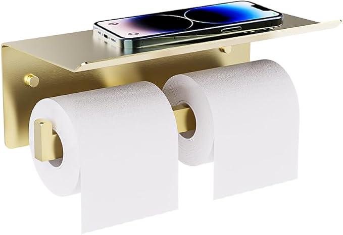 Double Toilet Paper Holder with Shelf, FreshGlow Tissue Holder Brushed Gold, Wall Mount Commercial Toilet Paper Dispenser Phone Shelf Stainless Steel, Tissue Roll for Bathroom - ModernBath