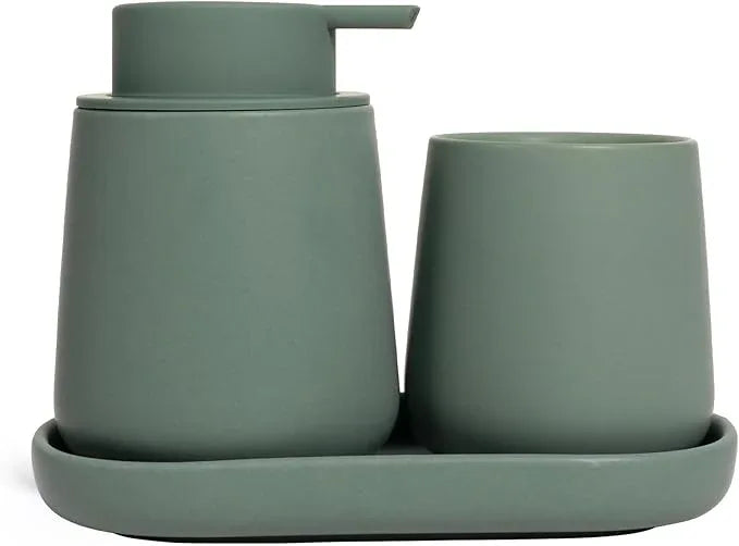 INGOFIN 3 Pcs Ceramic Bathroom Accessory Set - Liquid Soap Dispenser, Toothbrush Holder & Tray, Bathroom Counter Set, Countertop Essentials for Home, Guest Bathroom, or Office Use, Matte Green - ModernBath