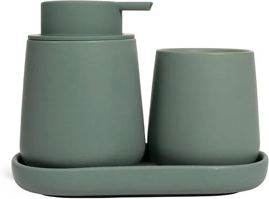 INGOFIN 3 Pcs Ceramic Bathroom Accessory Set - Liquid Soap Dispenser, Toothbrush Holder & Tray, Bathroom Counter Set, Countertop Essentials for Home, Guest Bathroom, or Office Use, Matte Green - ModernBath