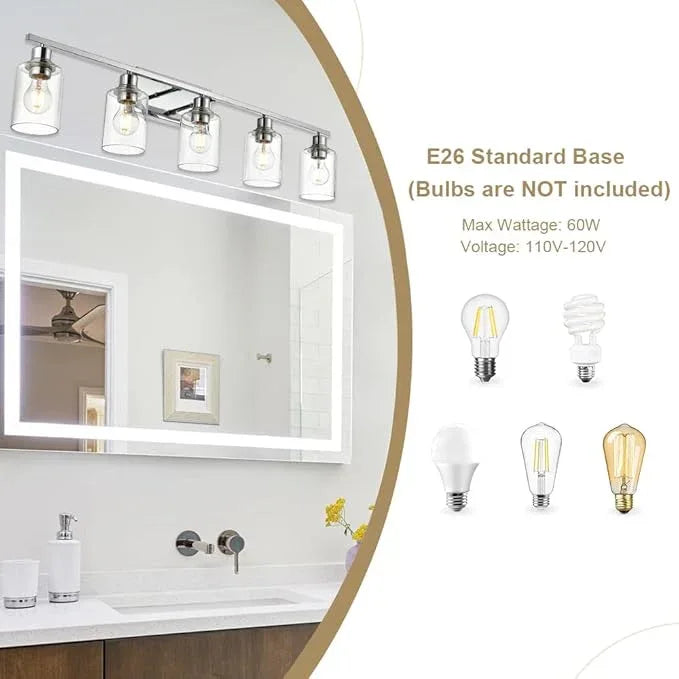 VINLUZ 5 Light Bathroom Lighting Fixture in Chrome Finish,Contemporary Indoor Wall Lights with Clear Cylinder Glass Shade Classic Vanity Light for Stair Entryway Hallway - ModernBath
