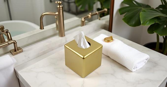 Huitony Square Tissue Box Cover Decorative Kleenex Box Holder for Bathroom & Living Room with Handcrafted Texture (Gold) - ModernBath