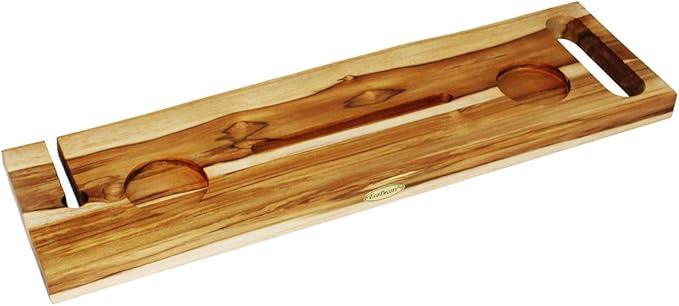 EcoDecors Eleganto 30" Live Edge Solid Teak Bath Caddy Tray with Handle, Book & Tablet Holder, Wine Glass Holders, Luxury Bathtub Tray - ModernBath