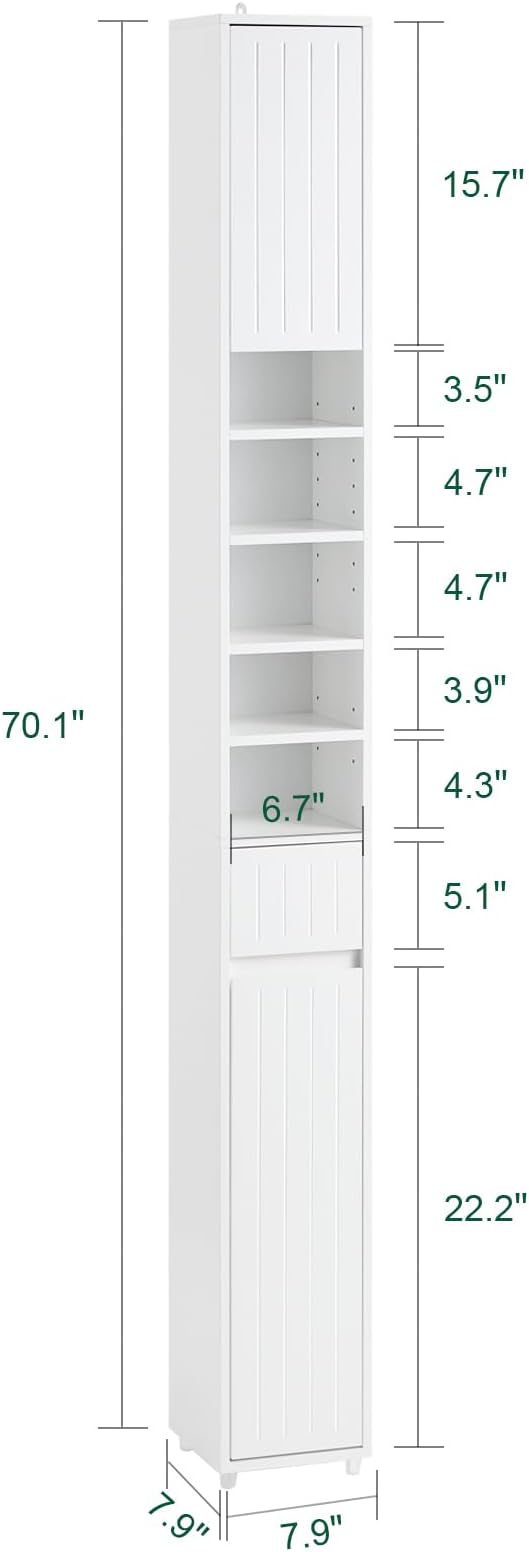 SoBuy Tall Narrow Storage Cabinet, Skinny Bathroom Cabinet with Adjustable Shelves Slender, Anti-Tipping Floor Standing Cupboard, Pinstripe White BZR160-W