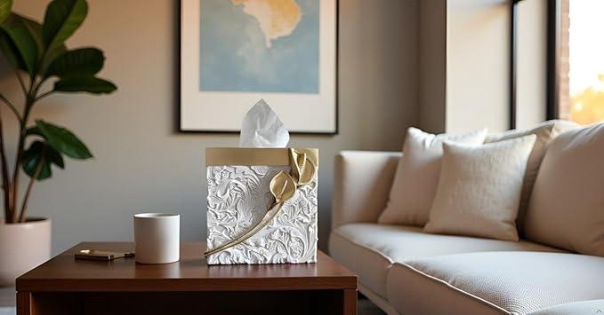 Huitony Square Tissue Box Cover Decorative Kleenex Box Holder for Bathroom & Living Room with Handcrafted Texture (colla Gold) - ModernBath