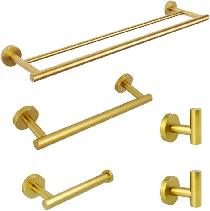 Gold 5-Pieces Bathroom Hardware Set Wall Mounted - Includes 24" Double Towel Bar, 12" Hand Towel Bar, Toilet Paper Holder, 2X Robe Towel Hooks - ModernBath