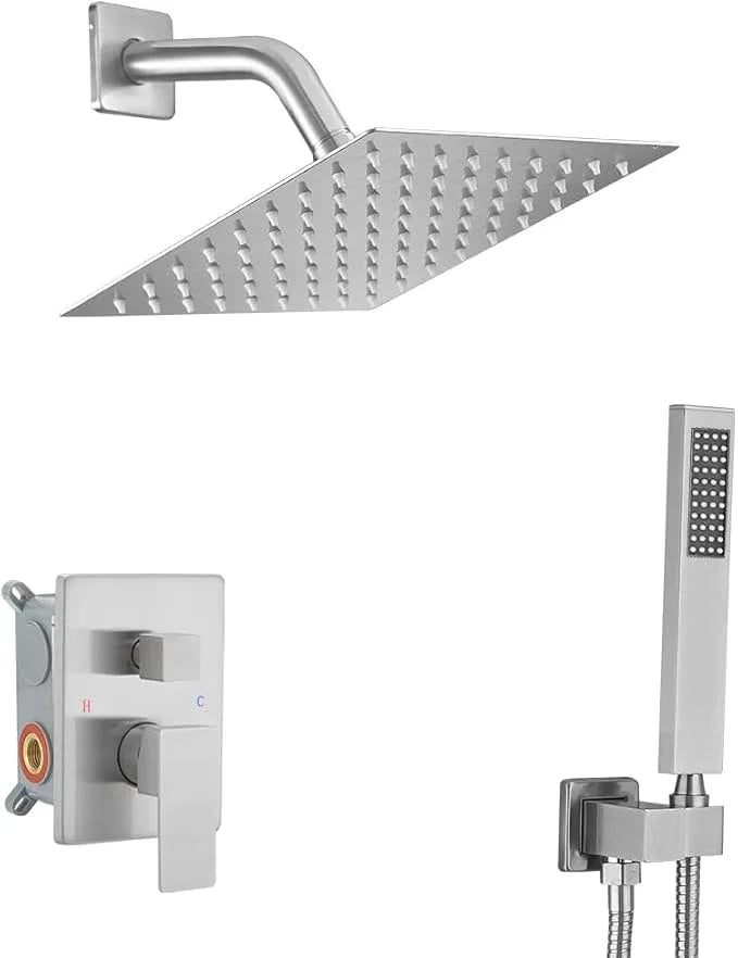 Heable Brushed Nickel Shower System with 8'' Rainfall Shower Head, Handheld Shower head, Bathroom Luxury Rain Mixer Shower Combo Set Wall Mounted Shower Faucet Rough-in Valve and Trim Kit - ModernBath