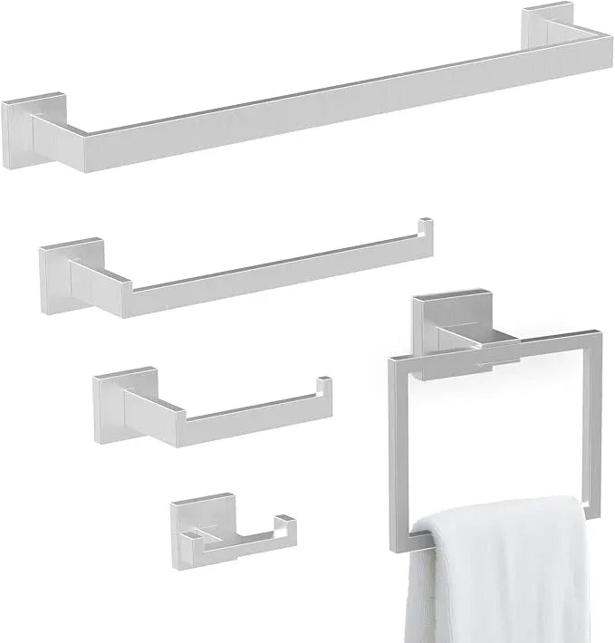 BOZWELL 5 Piece Brushed Nickel Stainless Steel Towel Bar Set, 23.6 inch Square Bathroom Hardware Accessories Set,Wall Mounted Towel Racks for Bathroom with TP - ModernBath