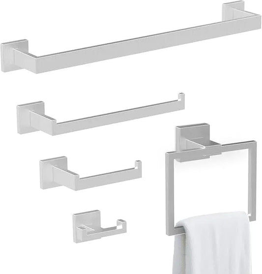 BOZWELL 5 Piece Brushed Nickel Stainless Steel Towel Bar Set, 23.6 inch Square Bathroom Hardware Accessories Set,Wall Mounted Towel Racks for Bathroom with TP - ModernBath