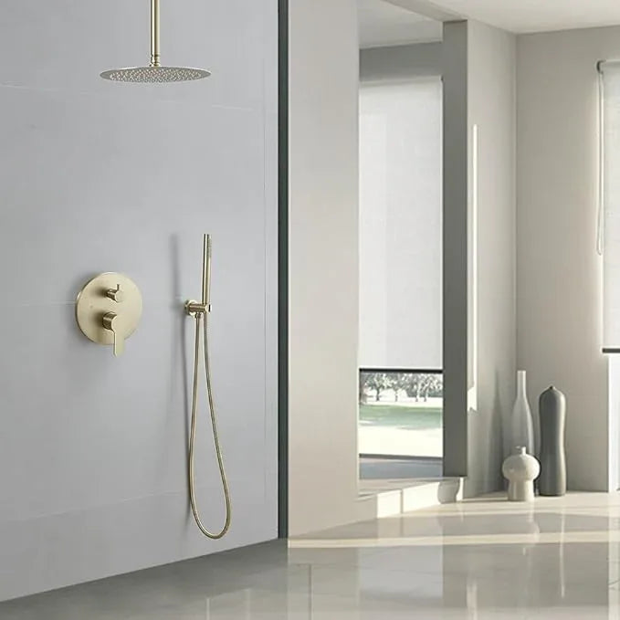 JingGang Brushed Gold Ceiling Mount Round Rain Shower System with 12 Inch Shower Head and Handheld Bathroom Shower Set Contain Shower Faucet Trim Kit (Mixer Valve Included) - ModernBath