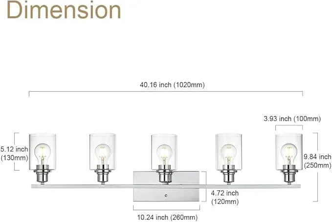 VINLUZ 5 Light Bathroom Lighting Fixture in Chrome Finish,Contemporary Indoor Wall Lights with Clear Cylinder Glass Shade Classic Vanity Light for Stair Entryway Hallway - ModernBath
