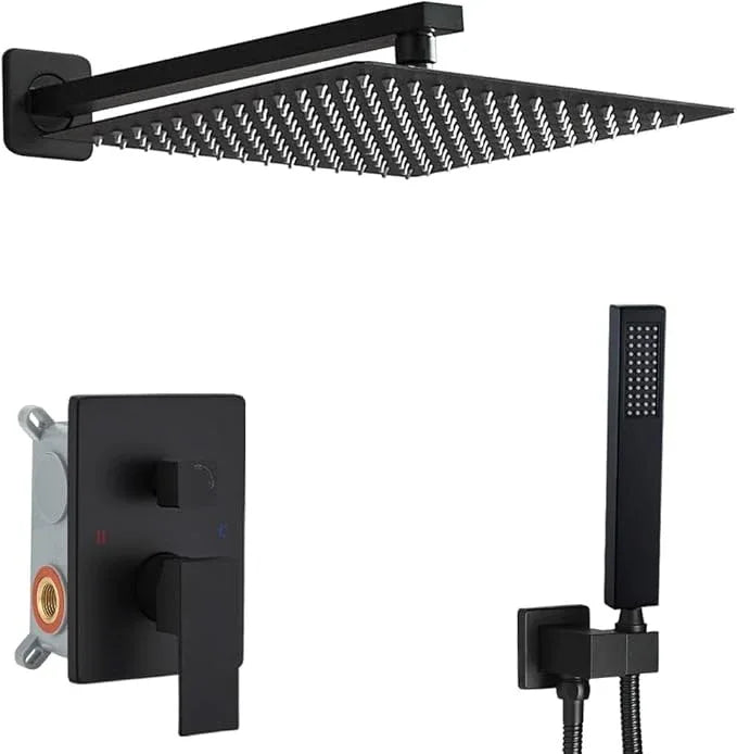 JingGang Matte Black Shower System 16 Inch Bathroom Luxury Rain Mixer Shower Combo Set Wall Mounted Rainfall Shower Head and Handheld System Shower Faucet Set Rough-in Valve Body and Trim Kit - ModernBath