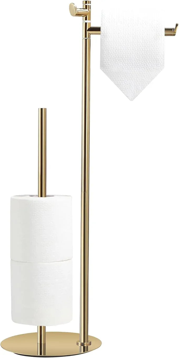 BGL Toilet Paper Holder Stand, SUS304 Stainless Steel Gold, Weighted Base, Holds 5 Jumbo Rolls, Space-Saving Modern Bathroom Storage with Built-in Hook - ModernBath