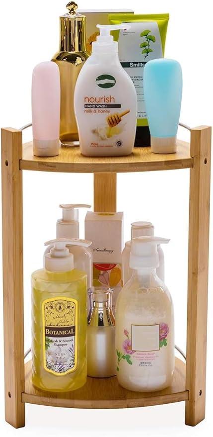 GOBAM Bamboo Shower Corner Caddy, Large - 2 Tier Standing Shower Stand for Shampoo, Conditioner, Lotion, Soap - Caddy Organizer for Kitchen, Bedroom, or Office - ModernBath