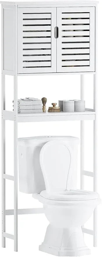 SMIBUY Bathroom Over The Toilet Storage Cabinet, 2 Door Bamboo Cabinet Organizer, Freestanding Space Saver Toilet Rack with Adjustable Inside Shelf and Open Shelf (White) - ModernBath