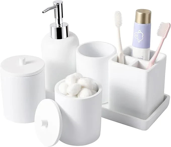 Resin 6 Pcs White Bathroom Set Complete with Toothbrush Holder, Lotion Soap Dispenser, 2 Qtip Holder Dispensers,Vanity Tray,Bathroom Tumbler - Countertop Vanity Organizer - Bathroom Accessories Set - ModernBath