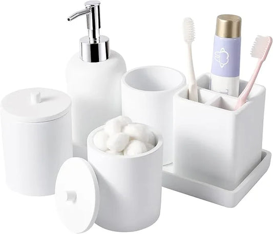 Resin 6 Pcs White Bathroom Set Complete with Toothbrush Holder, Lotion Soap Dispenser, 2 Qtip Holder Dispensers,Vanity Tray,Bathroom Tumbler - Countertop Vanity Organizer - Bathroom Accessories Set - ModernBath