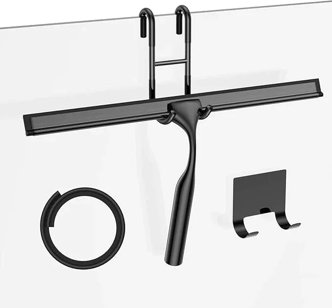 Black 14-Inches Stainless Steel Shower Squeegee Set, Include Shower Door Hook, Adhesive Hook and Spare Silicone Blade, Window Squeegee for Shower Glass Door, Bathroom, Mirror, Window and Car Glass - ModernBath