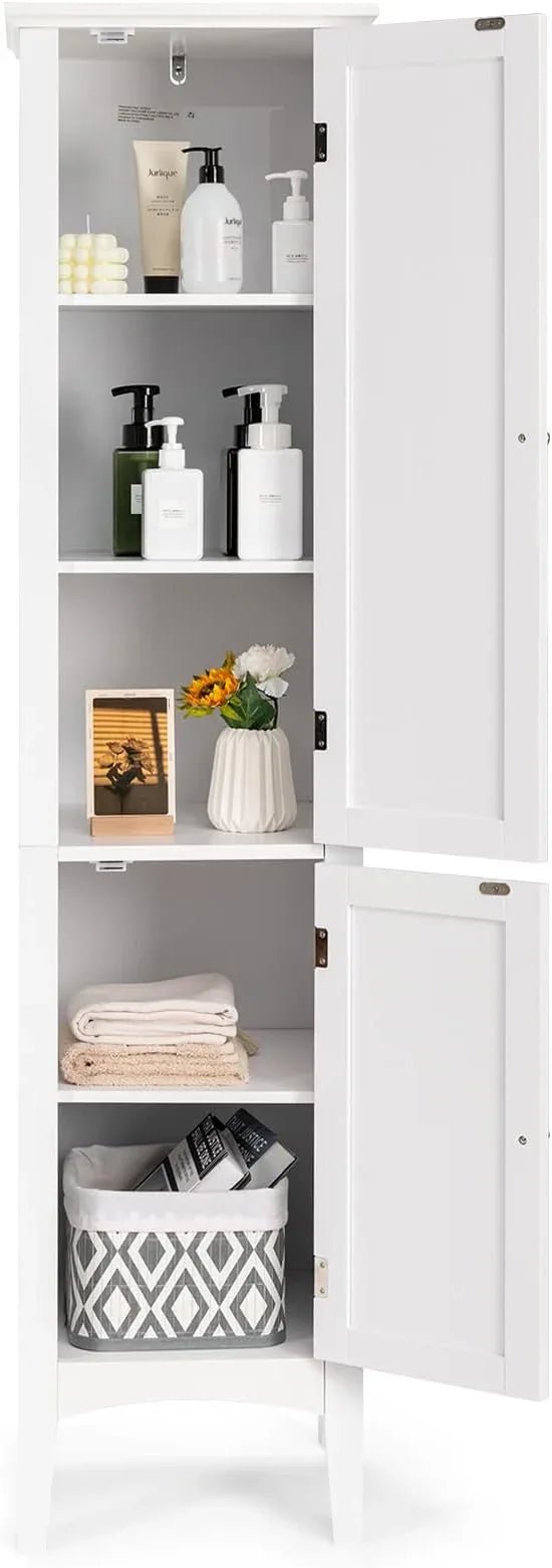 Giantex Storage Cabinet Bathroom High Cabinet with 5 Tier Storage Shelves, Freestanding Slim Cabinet, Tall Organizer for Kitchen, Living Room, Linen Tower Narrow Floor Cabinet (White) - ModernBath