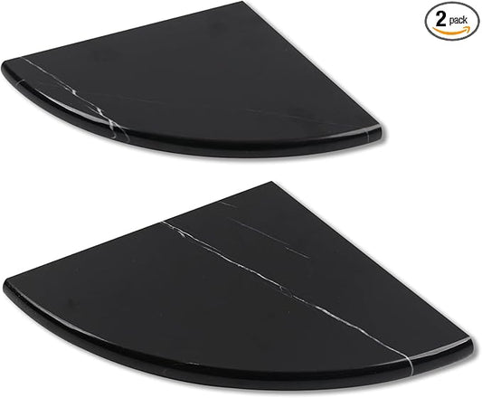 Lovdeco 2 Pcs Black Marble Corner Shelf, Nero Marquina Black Marble Corner Shower Shelf, Polished 9" Round Edge Corner Shelves for Bathroom, Kitchen, Office, Living Room, 2 Piece