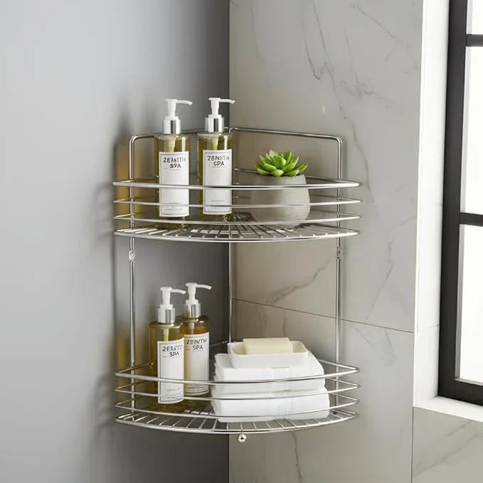 2-Tier Corner Shower Caddy Standing - Sturdy Stainless Steel Bathroom Organizer with 2 Screws and Anchors - Freestanding or Wall-Mounted Caddy - Chrome - ModernBath