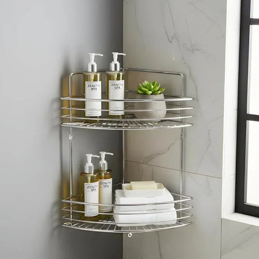 2-Tier Corner Shower Caddy Standing - Sturdy Stainless Steel Bathroom Organizer with 2 Screws and Anchors - Freestanding or Wall-Mounted Caddy - Chrome - ModernBath