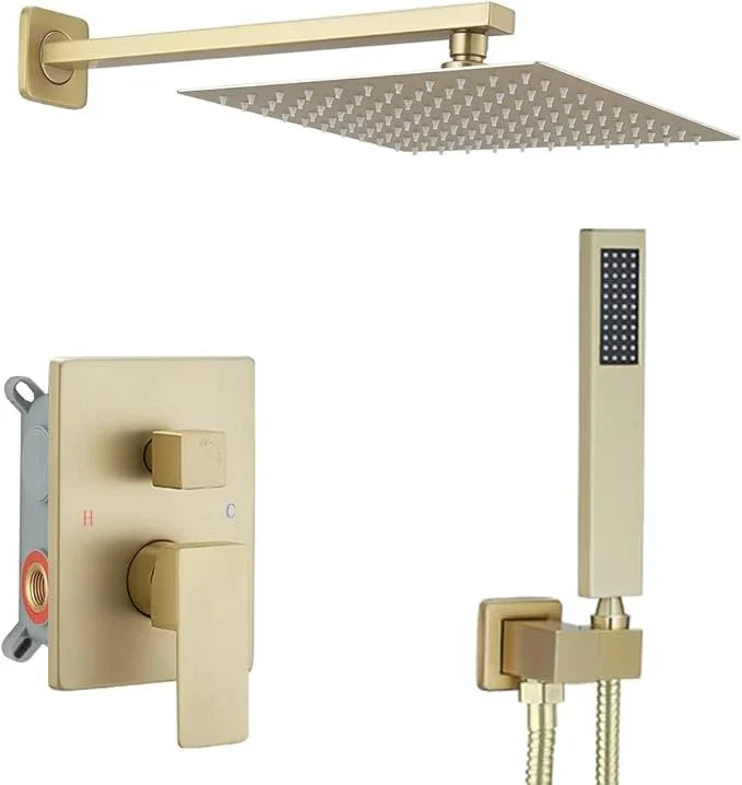 Heable Brushed Gold Shower System 10 Inches Bathroom Luxury Rain Shower Head with Handheld Combo Set Wall Mounted High Pressure Rainfall Shower Head System Shower Faucet with Valve and Trim Kit - ModernBath