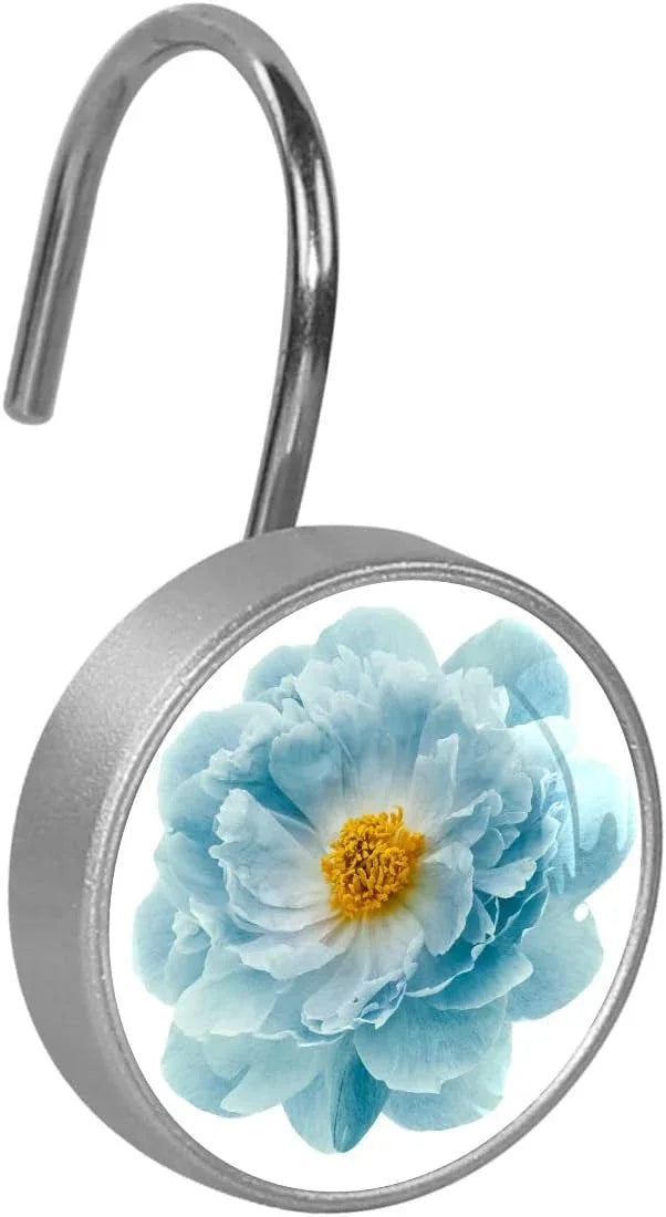 12 Pcs Decorative Shower Curtain Hooks, Rust Proof Glass Surface Stainless Steel Rings for Bathroom Bedroom Kitchen Home Bath Room Rods Decor (Turquoise Peony Flower) - ModernBath